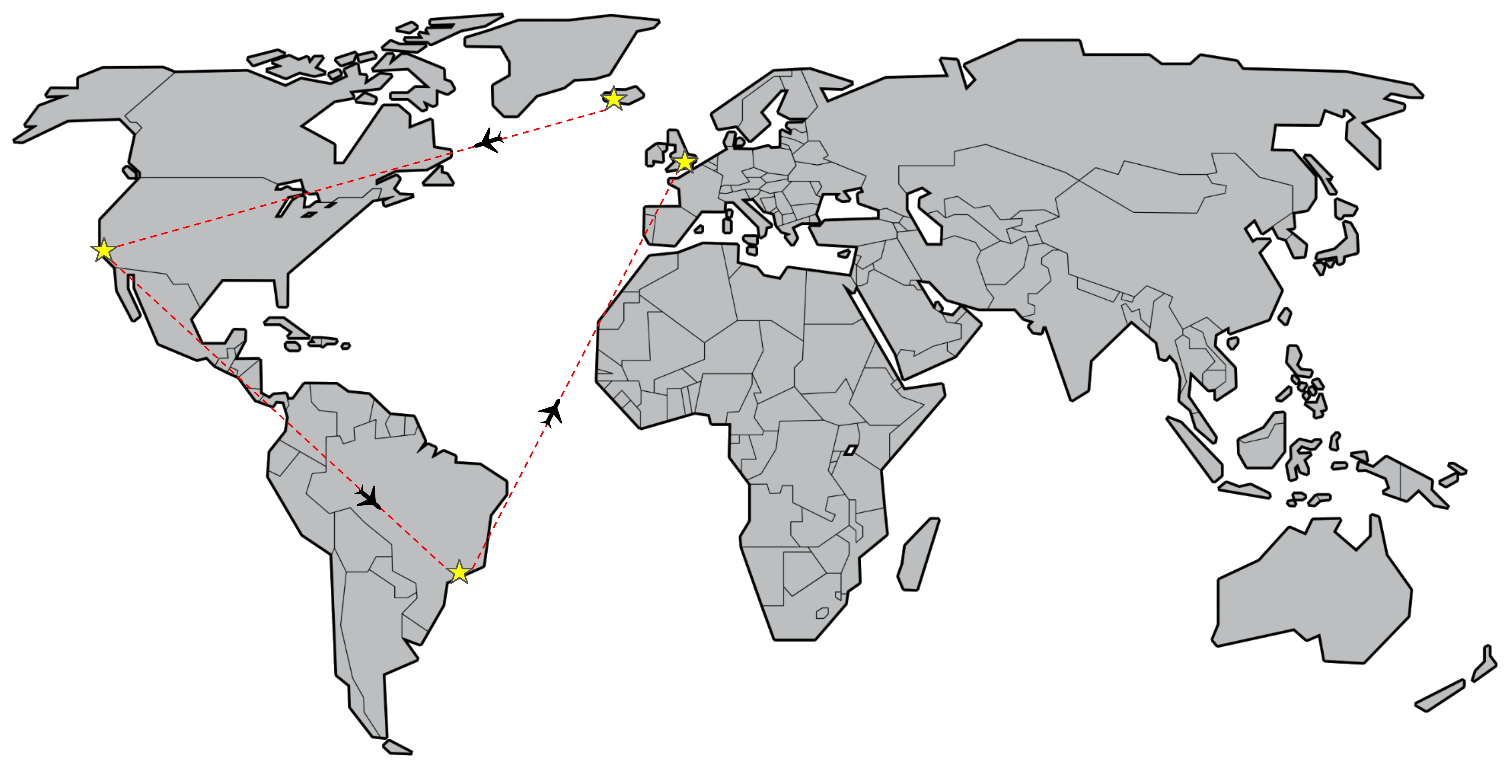 World map with pins and ropes